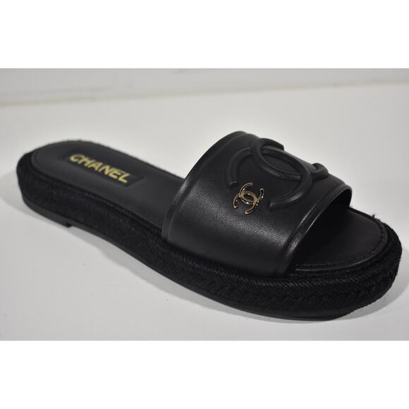 Chanel 23C Black Lambskin Leather CC Logo Slide Sandal Slip Espadrille Flat 40 - Picture 4 of 12